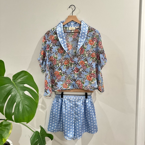 Victoria's Secret Other - VINTAGE Y2K VICTORIAS SECRET GOLD LABEL BLUE FLORAL POLKA DOT 2 PIECE SET SIZE M